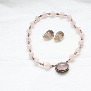 Rare Art Deco Chinese Silver Mounted Rose Quartz Necklace Ornate Pendant  16"